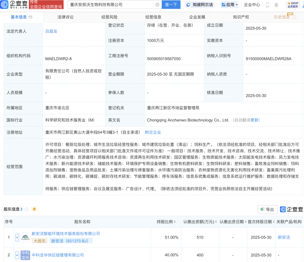 新安洁资成立重庆新生物科技公司，布局畜牧渔业饲料销售领域
